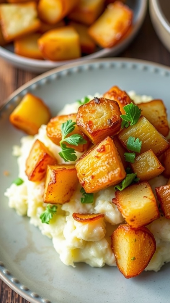 A plate of creamy mashed potatoes with crispy roasted potato chunks and fresh herbs.